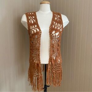 Garage Crochet Knit Boho Fringe Vest Rust Colour Women’s XS-S